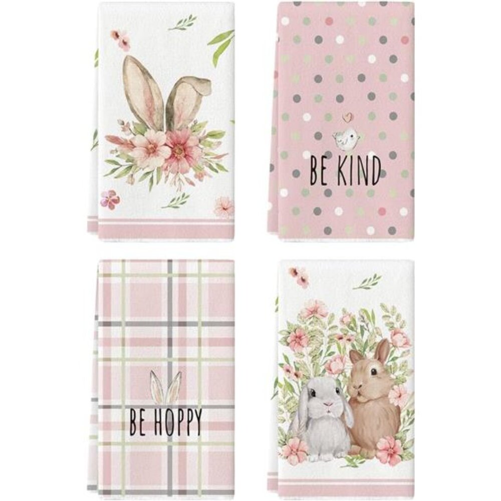 Pink Bunny Rabbit Ears Floral Leaves Easter Kitchen Towels Dish